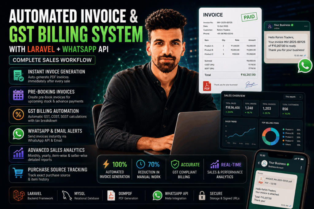 Automated Invoice and GST Billing System using Laravel with WhatsApp Business API integration for instant PDF invoice delivery and sales analytics dashboard.