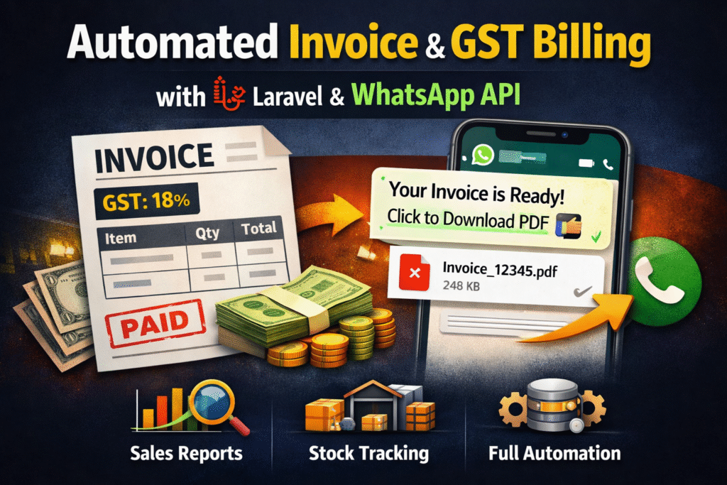 Automated Invoice and GST Billing System using Laravel with WhatsApp Business API integration for instant PDF invoice delivery and sales analytics dashboard.